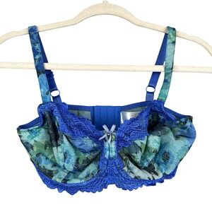 Whimsy By Lunaire Lace Bra Womens 34DDD Blue Floral Underwire Stretch Support
